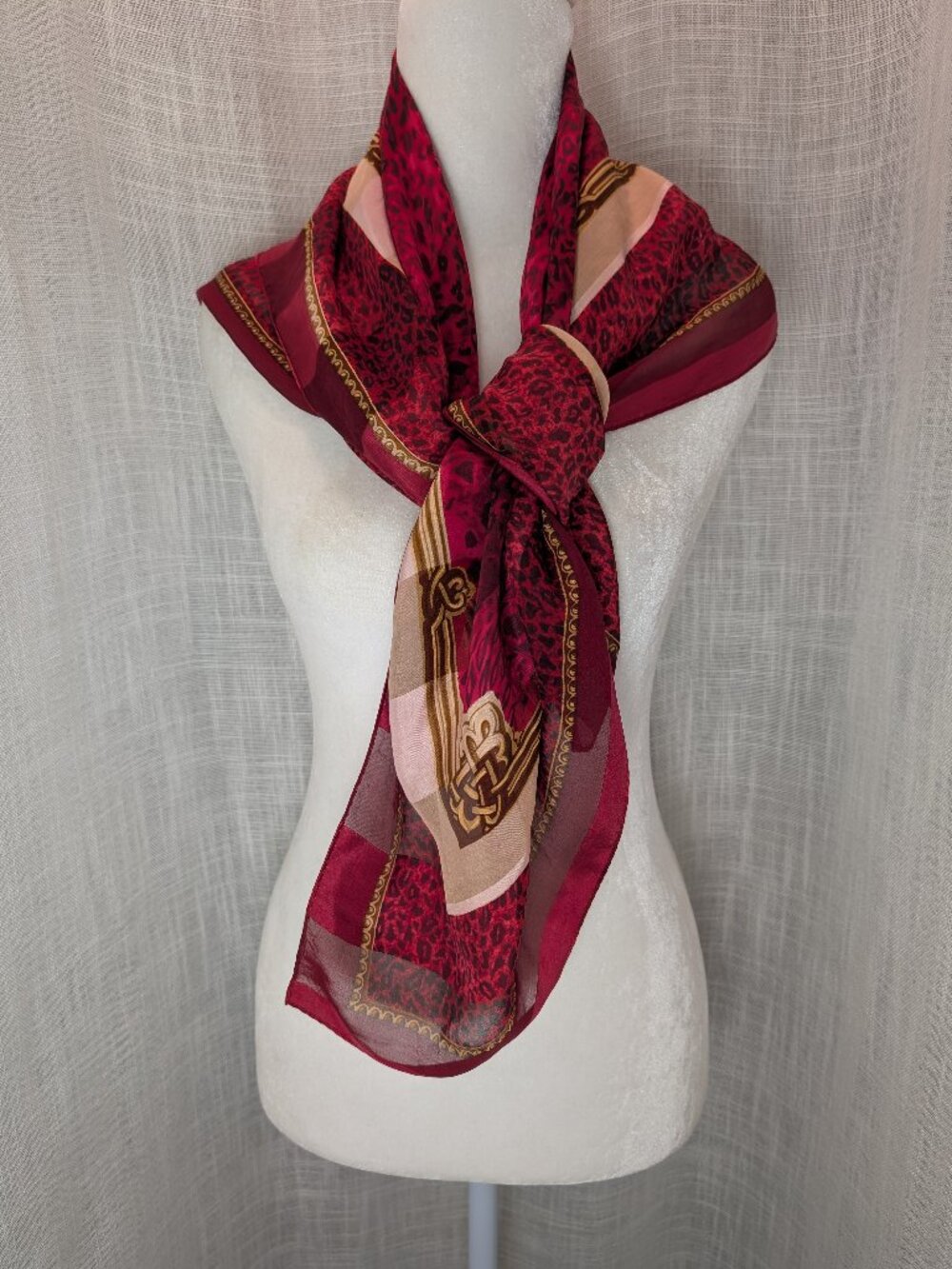 100% Silk Red & Gold Leopard Print Scarf 34"x34" Made in Korea